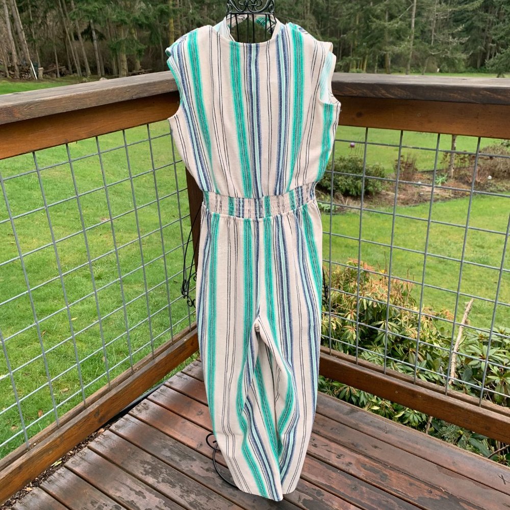 Bebop Ladies size Medium Green Cream Blue Striped Jumpsuit